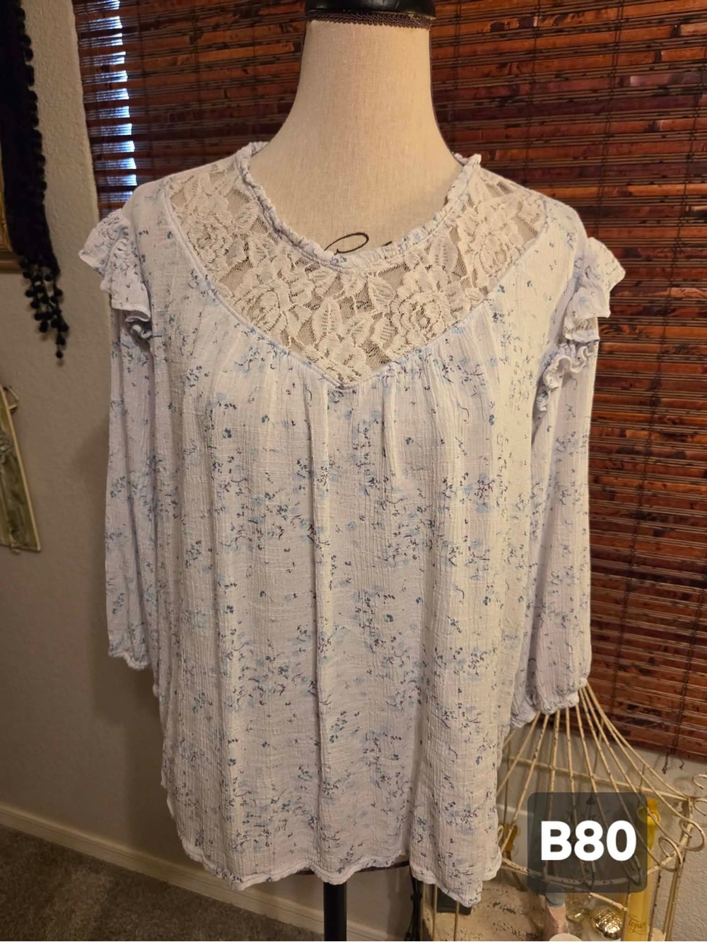 Maurices Light Blue Lace Yoke Floral-Print Blouse